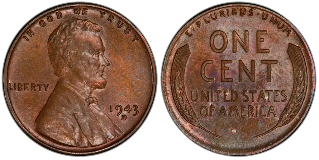 obverse and reverse of a 1943 D Bronze Lincoln Cent
