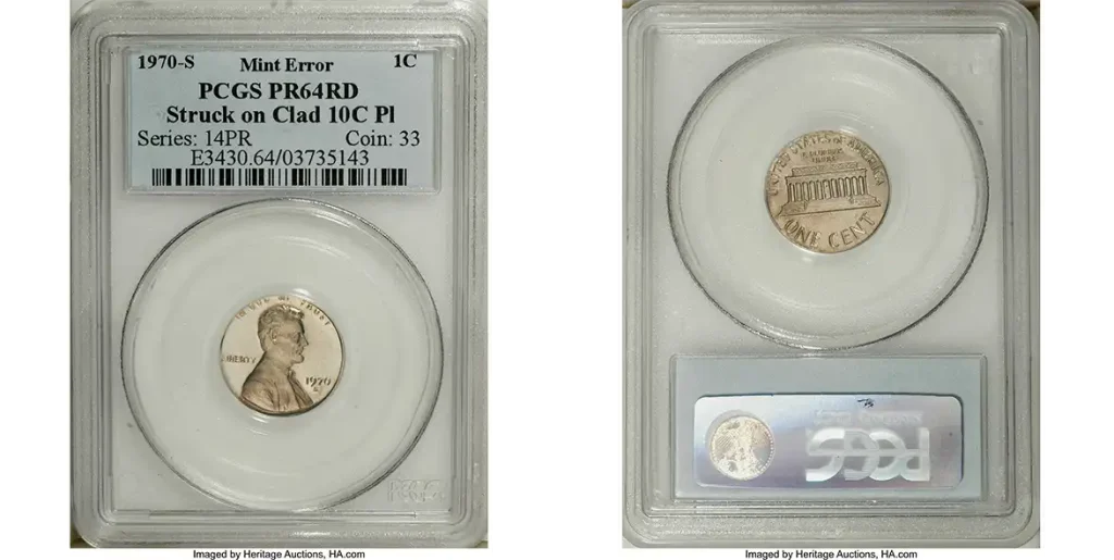 1970-S Large Date Lincoln Cent Struck on a Clad Dime Planchet graded by PCGS