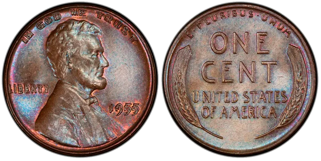 obverse and reverse of a 1955 DDO penny